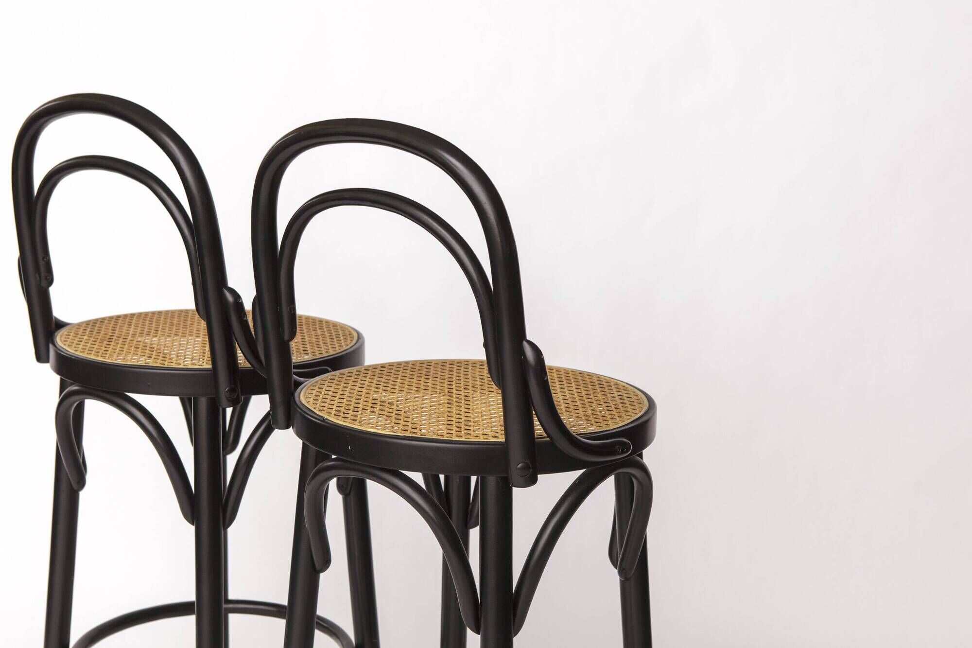 Pair of Bentwood Bar Stools with Vienna Cane Seats – Thonet Style, Black