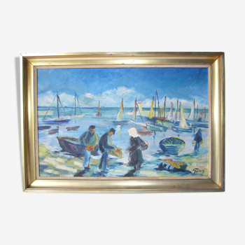 Oil board on panel depicting a signed seaside scene