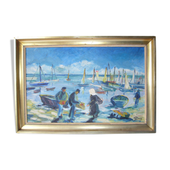 Oil board on panel depicting a signed seaside scene