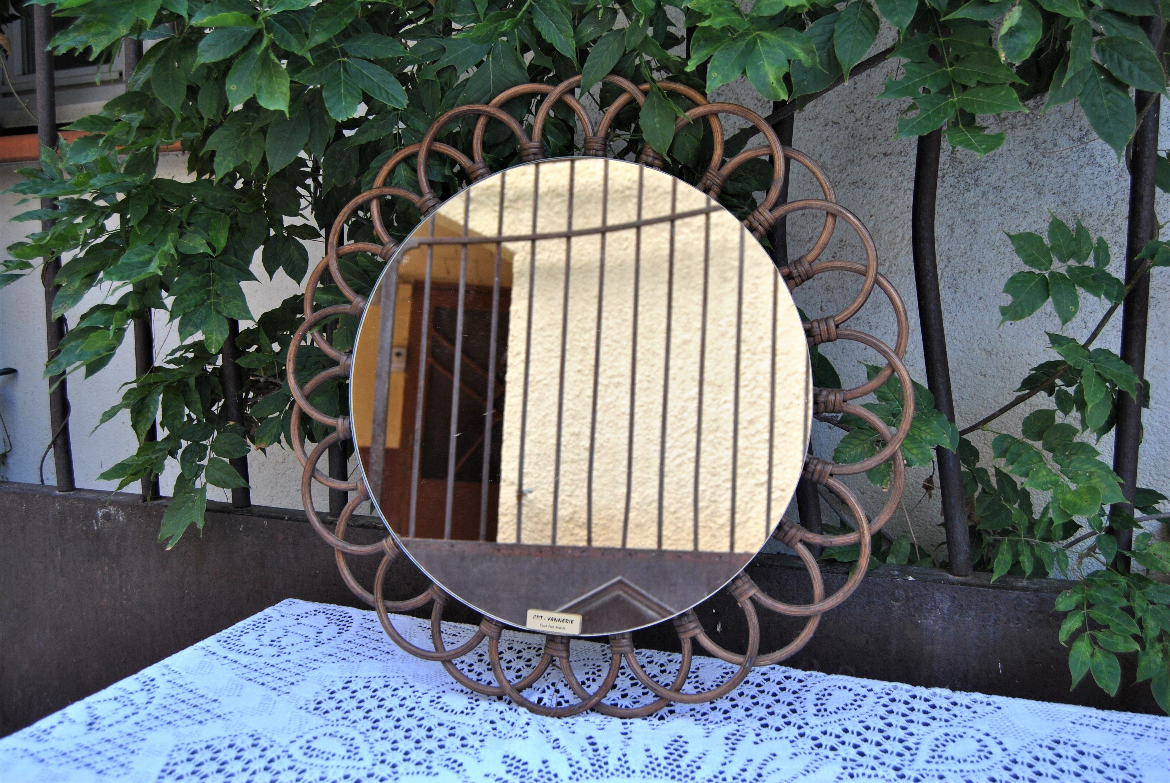 Rattan mirror "art vannerie" 60s 54cm