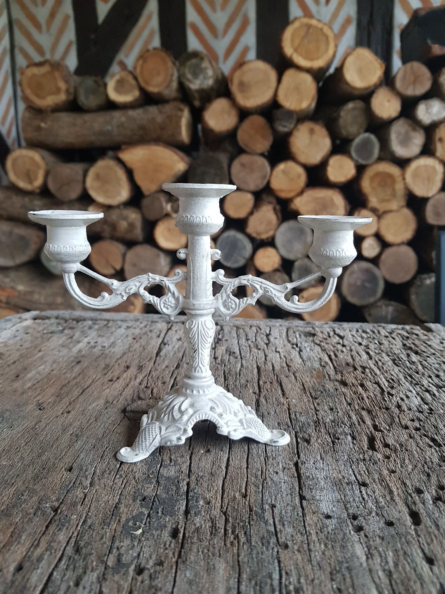 Candlestick candlestick 3 lights patinated white aged effect
