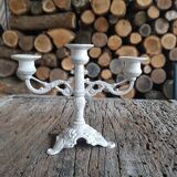 Bougeoir chandelier 3 feux patiné blanc effet vieilli