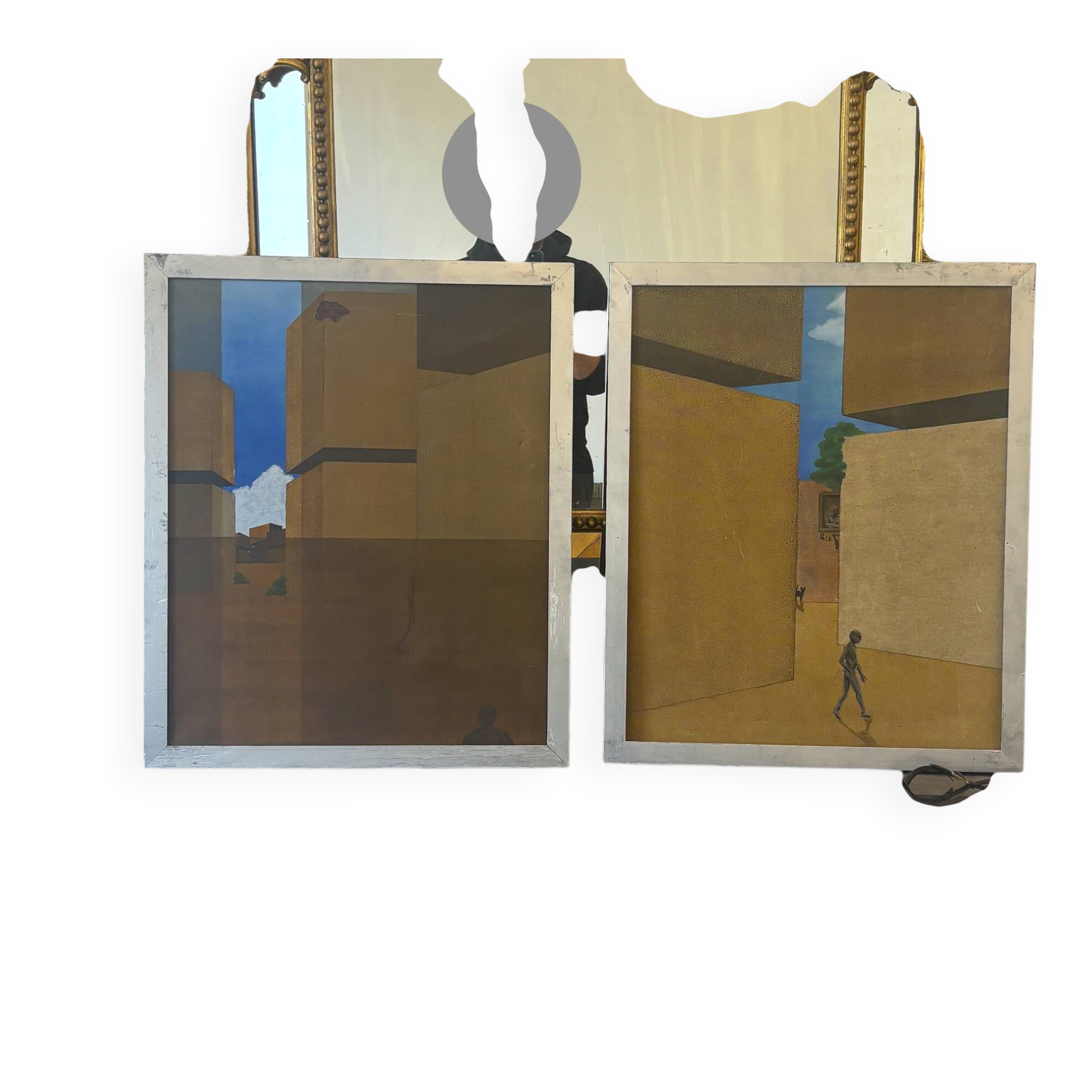 Pair of geometric surrealist modernist paintings