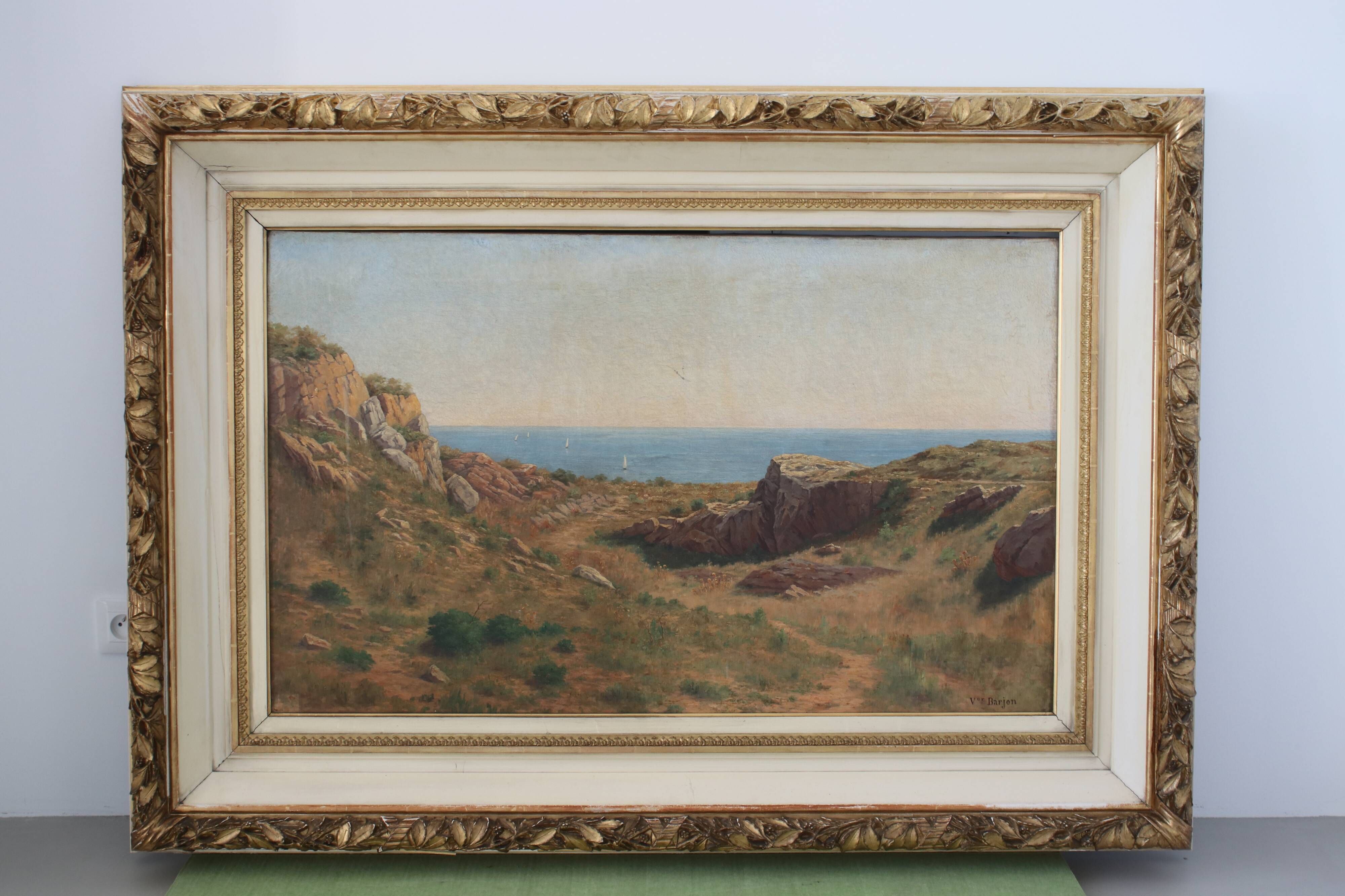 Painting Oil on Canvas Framed, signed Victor Barjon (1845-1920), Cote Rocheuse Bretagne