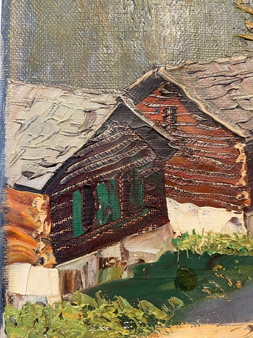 Old painting, Swiss mountain landscape signed H Herzer, mid-XX century