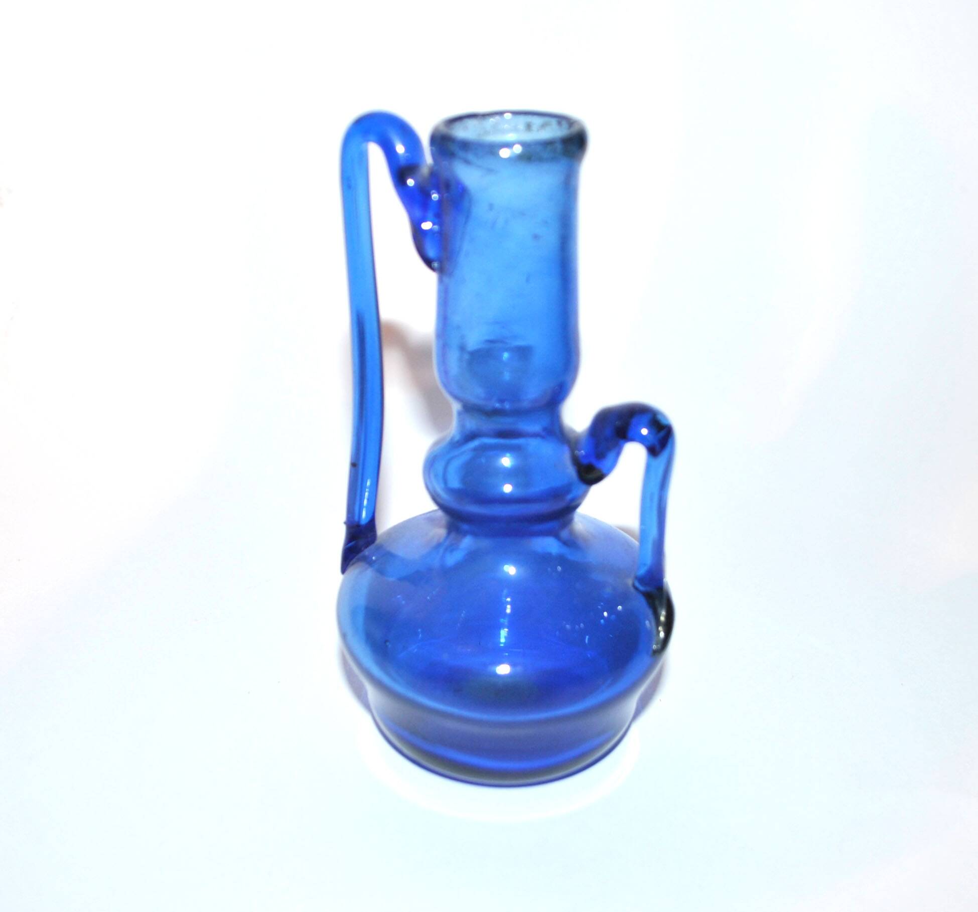 Antique blue blown glass candle holder ras de cave vase folk art 19th c.