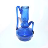 Bougeoir ancien en verre soufflé bleu ras de cave vase art populaire 19e s.