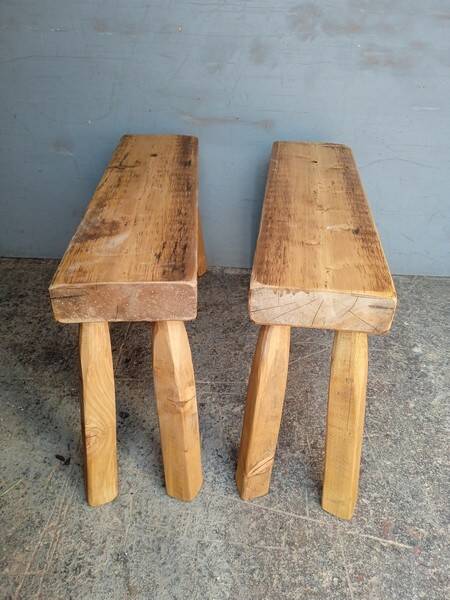 Pair of 2 patinated solid wood benches / stools