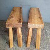 Pair of 2 patinated solid wood benches / stools