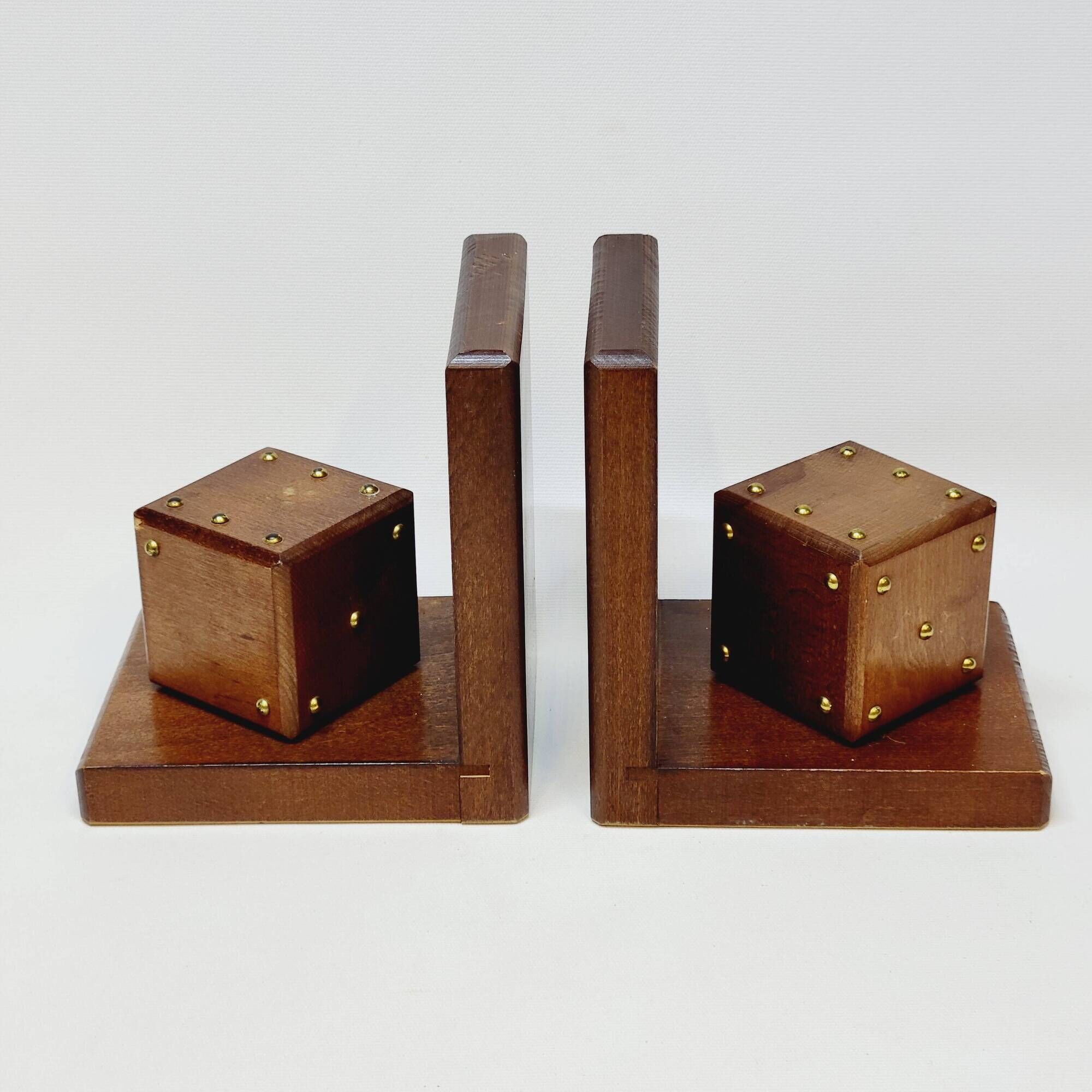 Pair of French Art Deco Wooden Bookends with Dice