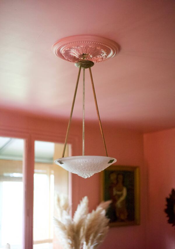 Lustre signé Muller Frères Lunéville , suspension Art déco, lustre bronze nickelé, lampe de plafond,