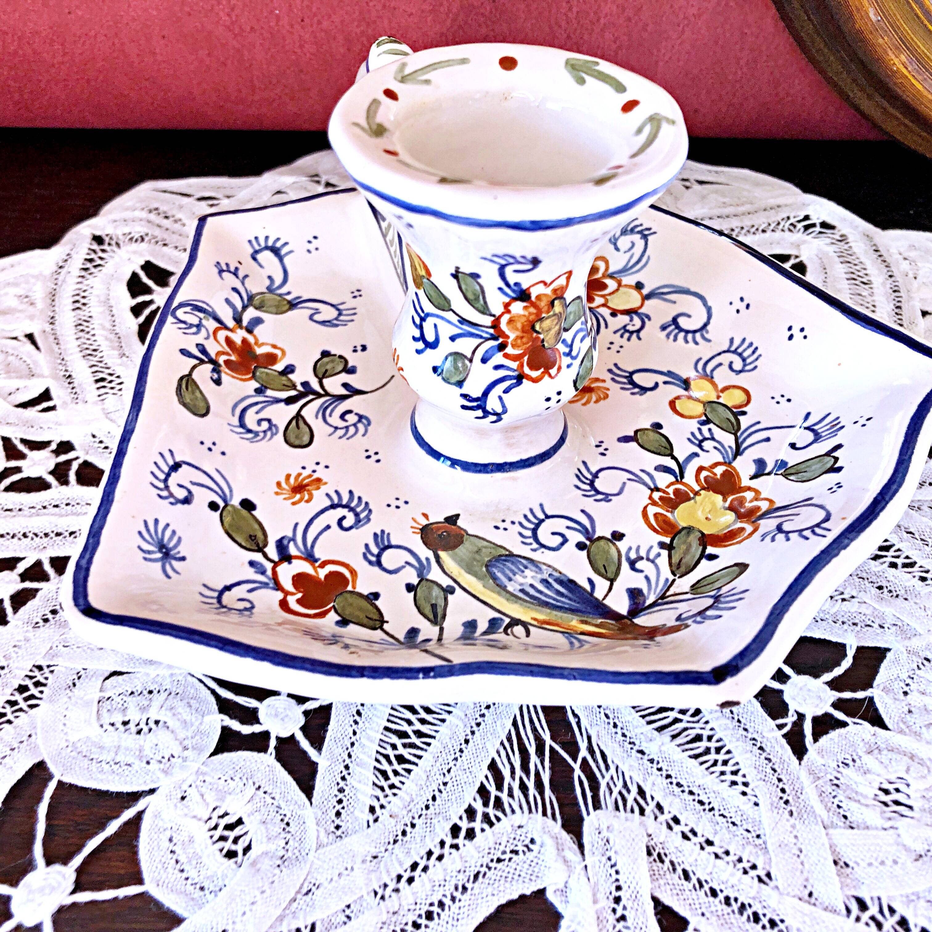 Handcrafted enameled ceramic candle holder signed vintage Rouen style decor