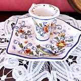 Handcrafted enameled ceramic candle holder signed vintage Rouen style decor