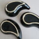 3 matching vintage ceramic dishes from the 1950s-60s in a brass basket with a scoubidou handle