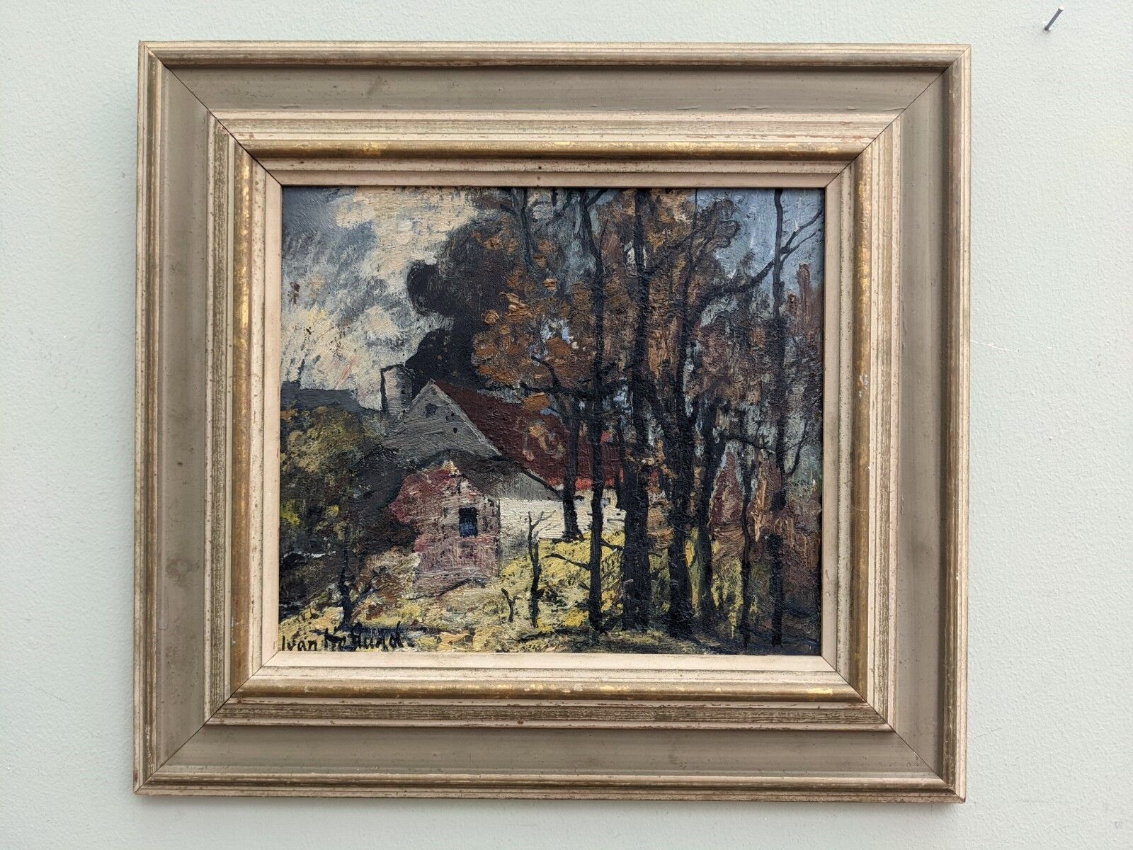 Mid-Century Modern "Cottage in the Forest" Swedish Vintage Expressionist Landscape Oil Painting, Fra