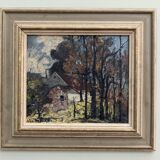 Mid-Century Modern "Cottage in the Forest" Swedish Vintage Expressionist Landscape Oil Painting, Fra