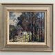Peinture à l’huile, milieu du siècle moderne « chalet dans la forêt » suédois vintage expressionniste paysage
