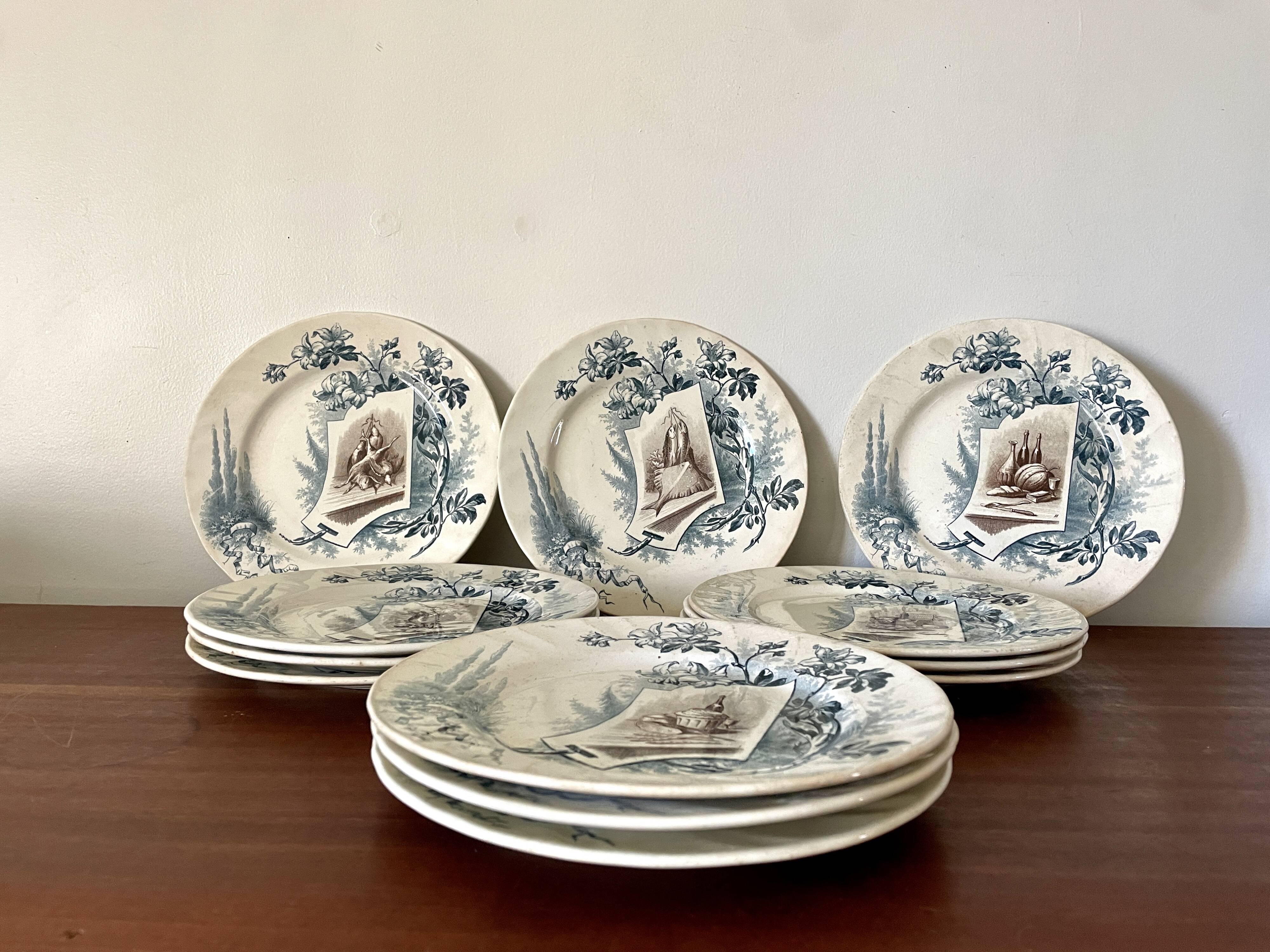 Set of 12 plates Terre de Fer, model Cartels, Creil & Montereau, 1900