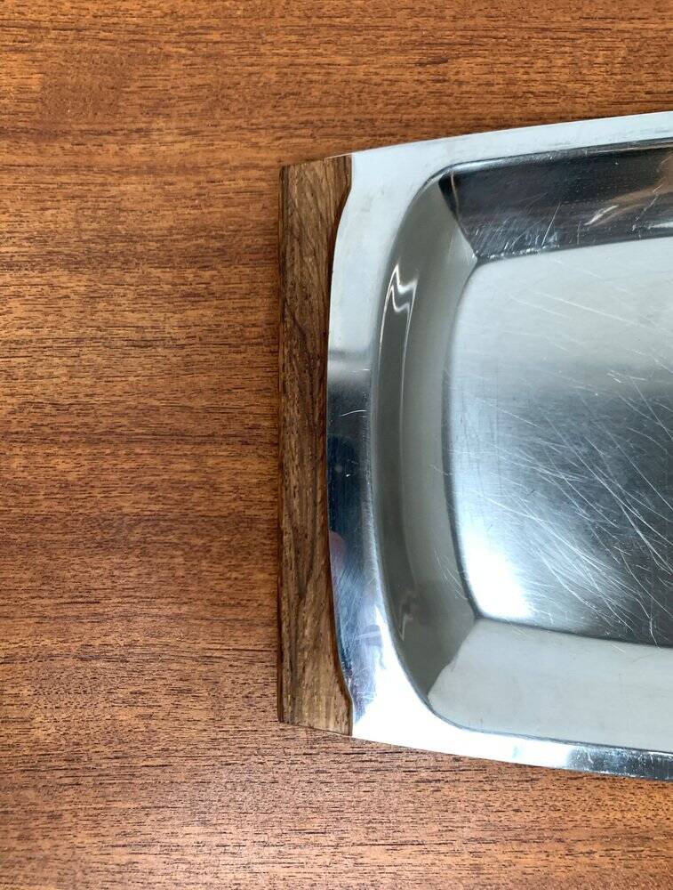 Danish stainless steel and teak plateau from the mid-century of Lundtofte, Denmark, 1960s.