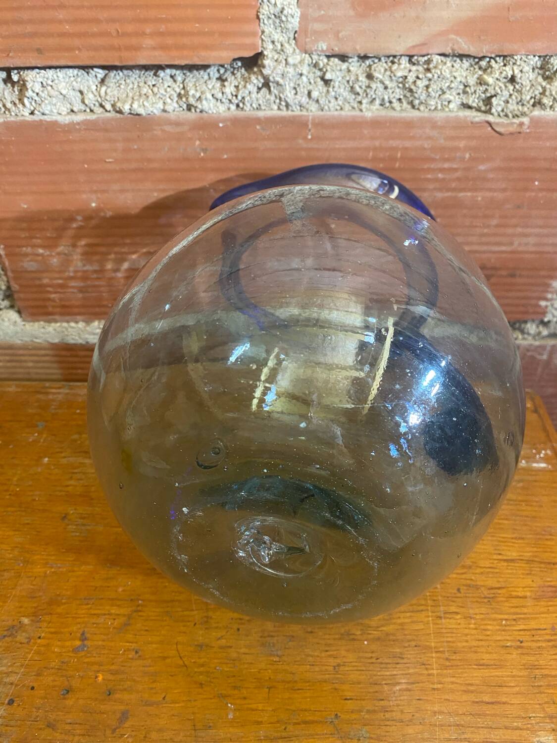 Antique Blown Bubble Glass Pitcher Transparent & Cobalt Blue 2L Vintage