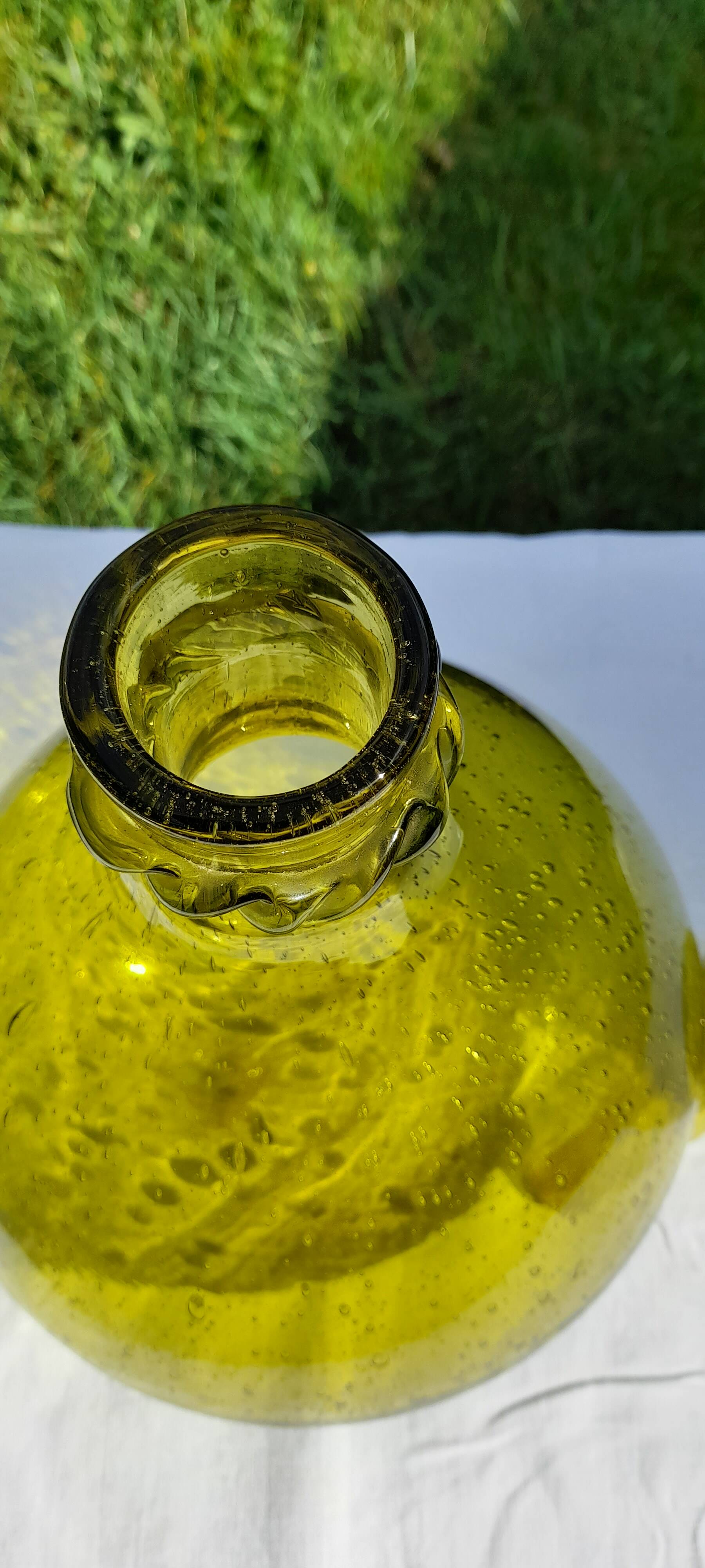 Dame Jeanne en verre bullé verrerie  de Biot vert H 39 cm