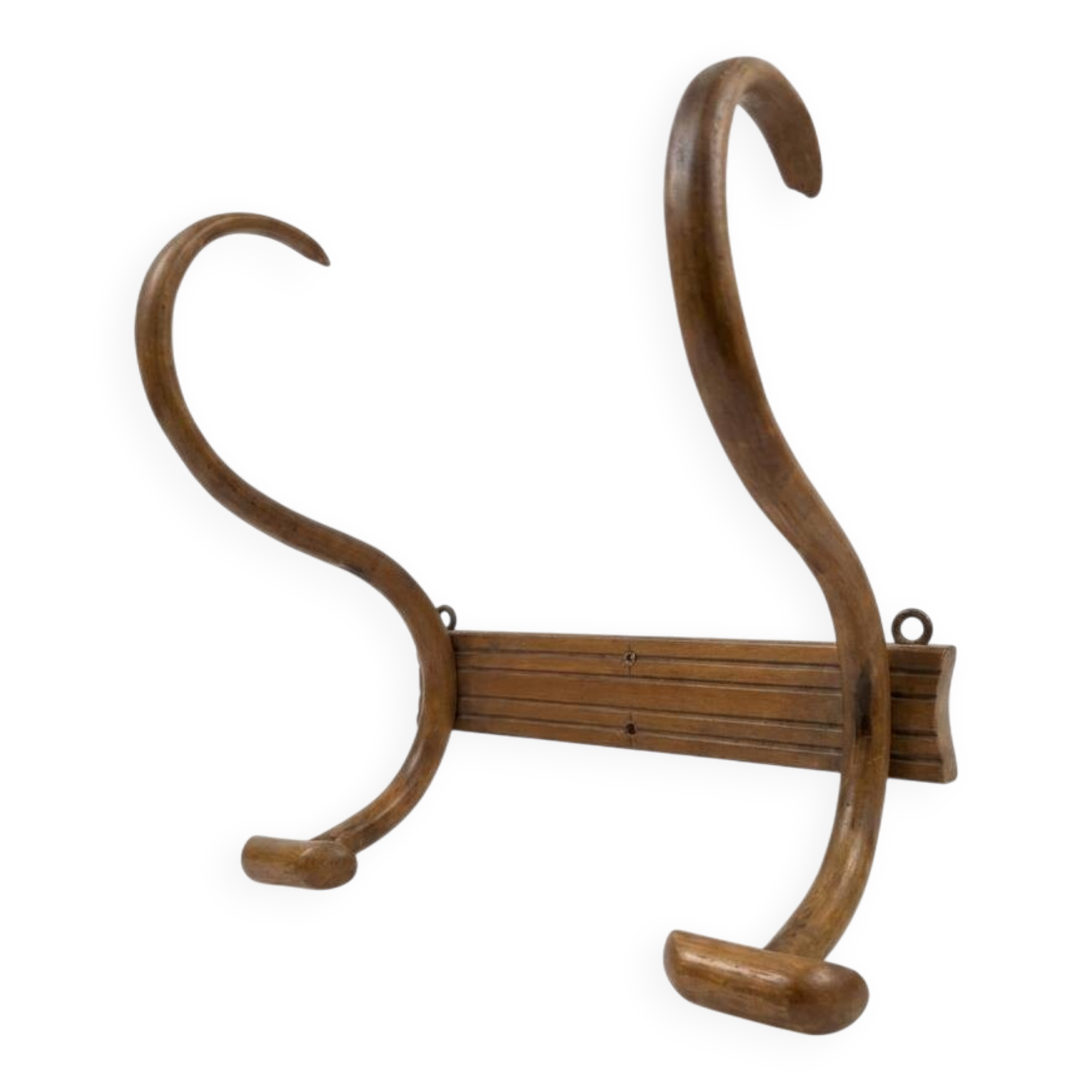 Curved wooden coat rack with 2 hooks, 1920s.