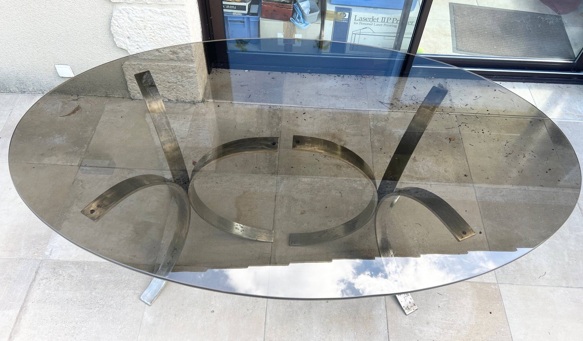 Oval dining table 1960-1970 smoked glass top and chrome base