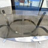 Oval dining table 1960-1970 smoked glass top and chrome base
