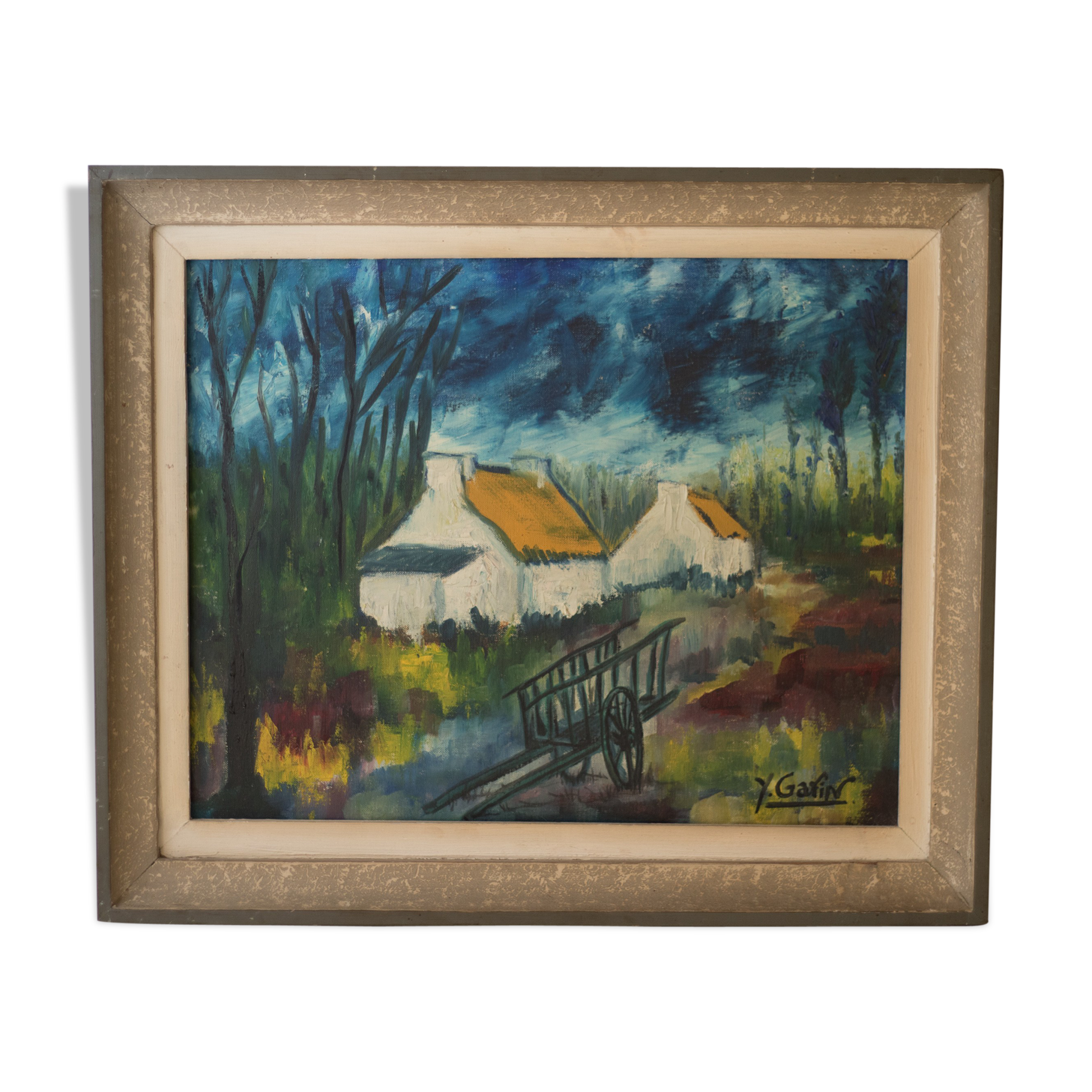 Tableau "les chaumières à la charrette" huile sur toile