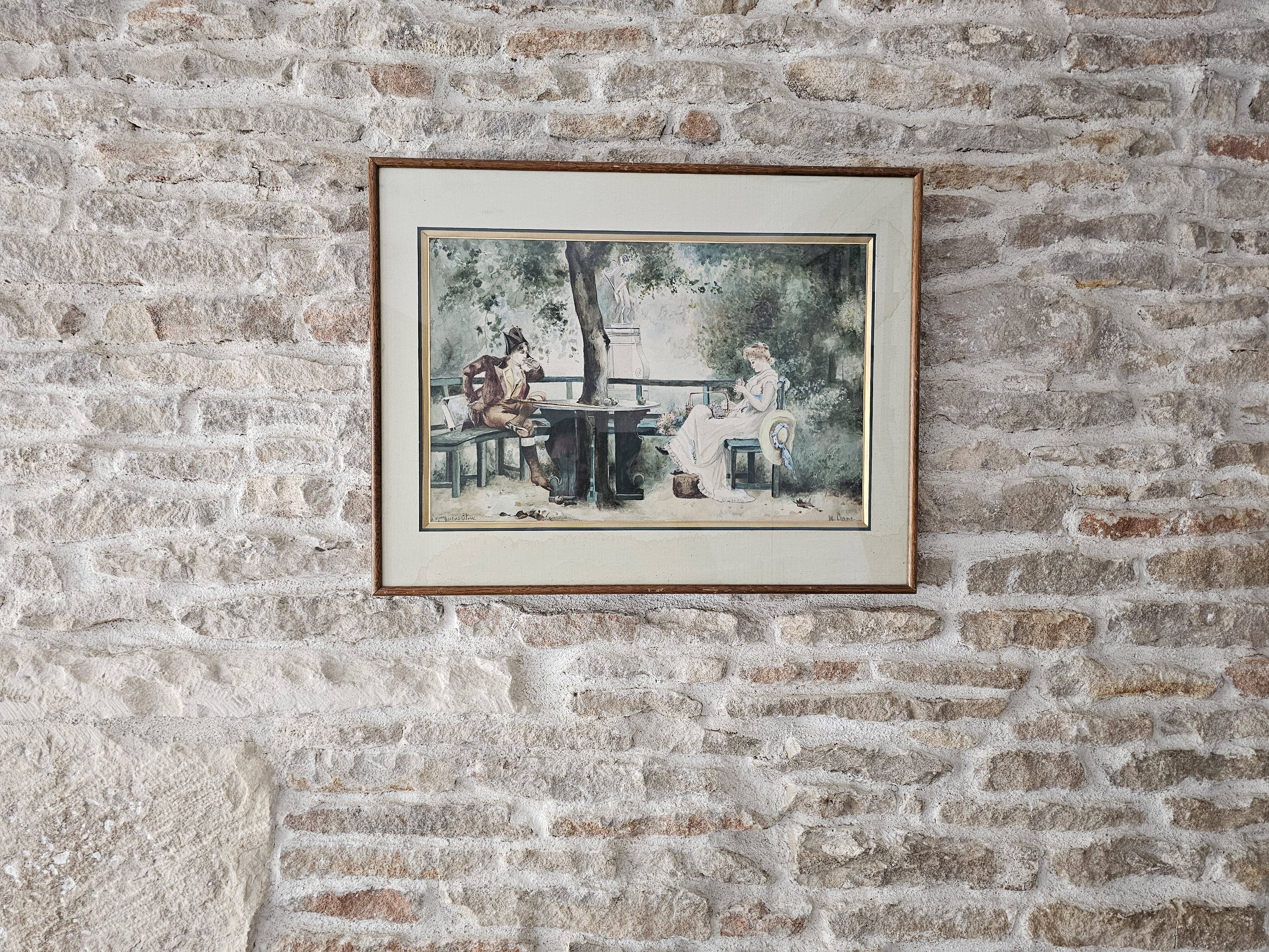 Tableau Aquarelle Scène Amoureux parc d'après Marcus Stone