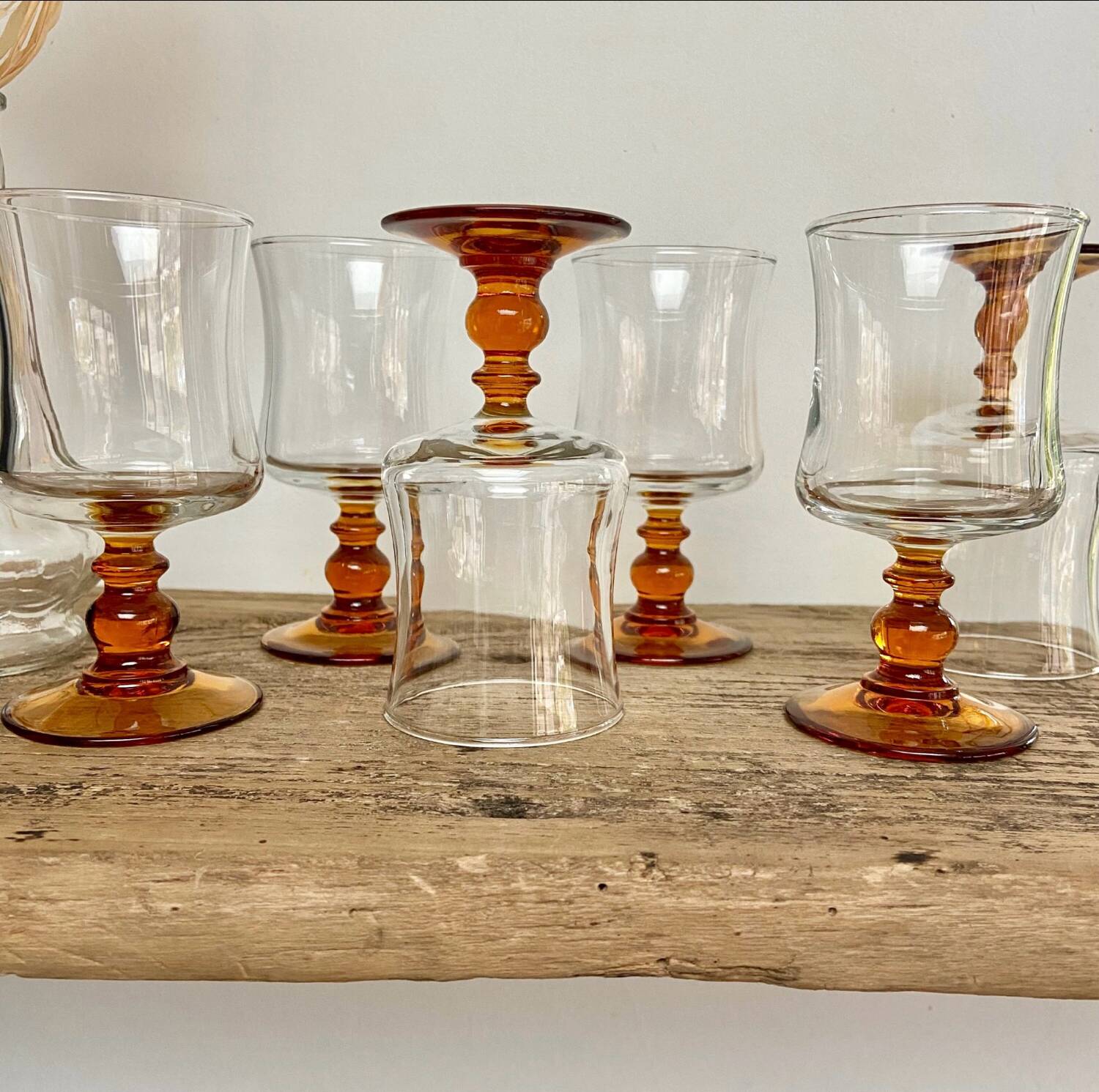 6 small vintage amber stemmed glasses