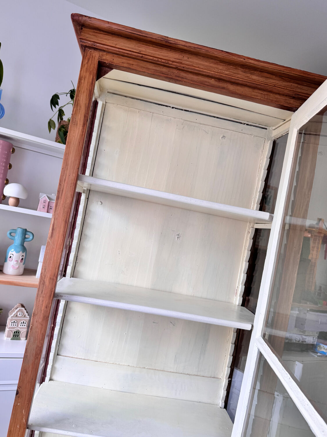 Antique display cabinet, small dresser, antique glass-fronted bookcase.