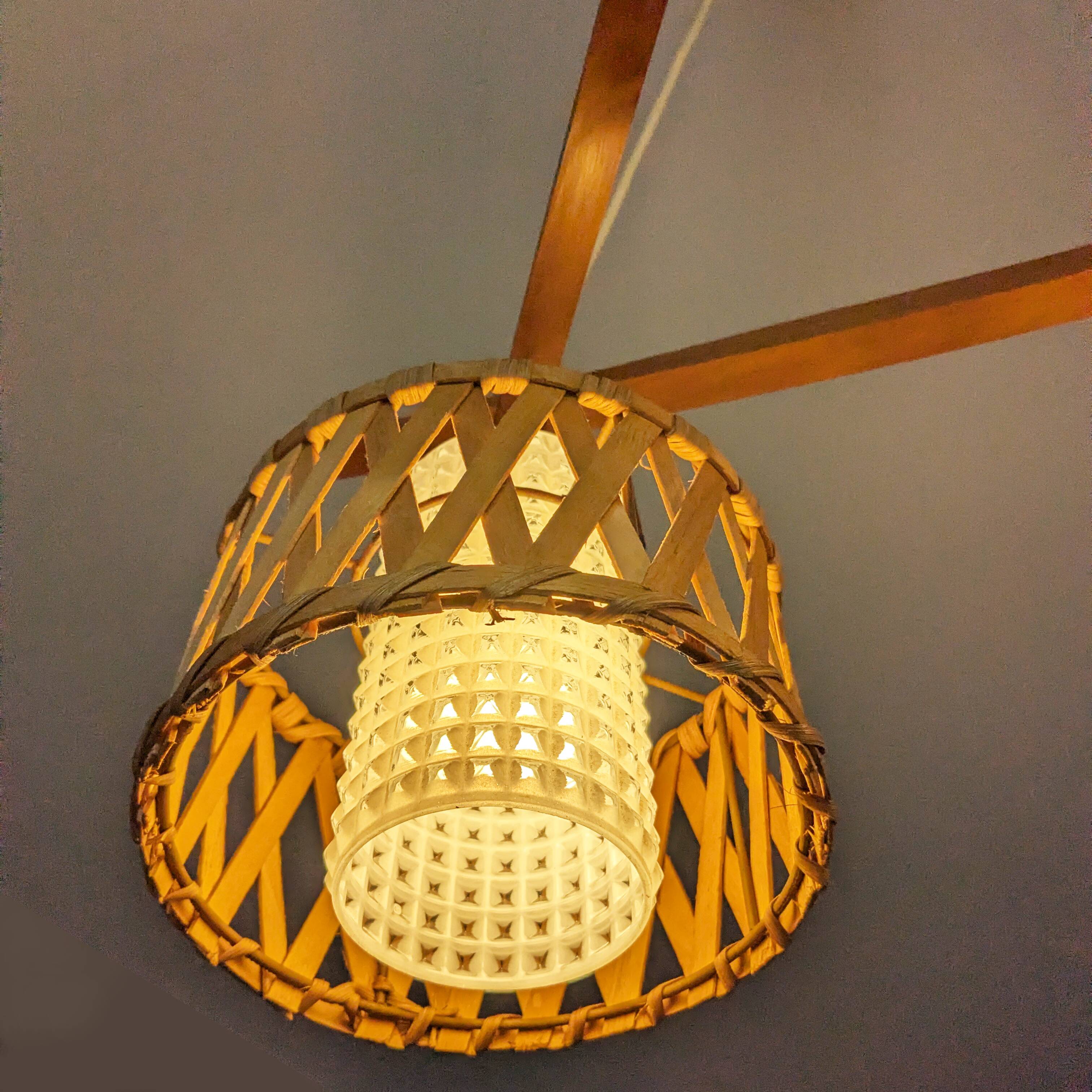 Suspension in teak and rattan, Doria Leuchten from the 1950s.