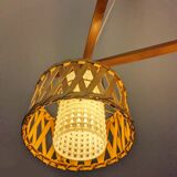Suspension in teak and rattan, Doria Leuchten from the 1950s.
