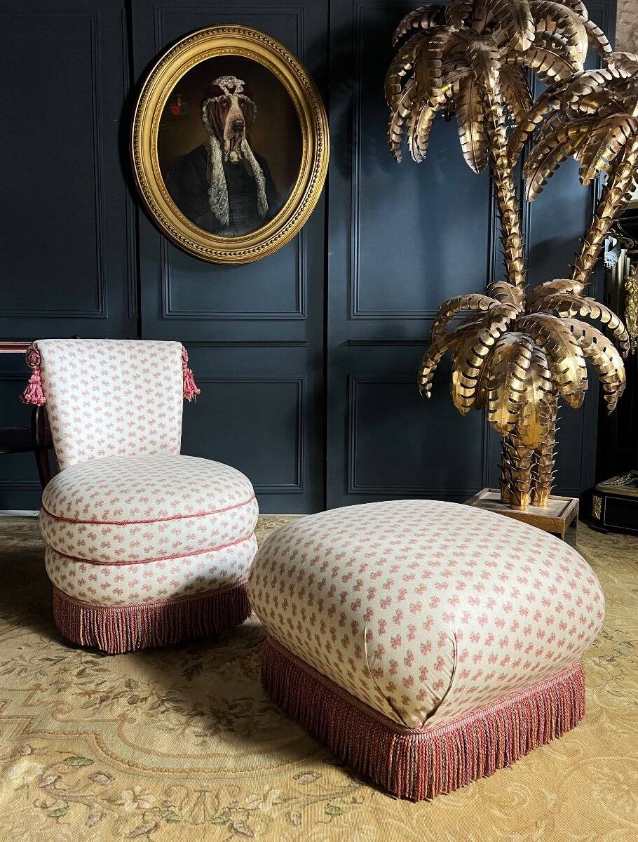 Napoleon III Style Armchair and Pouf with Pink Bow Decor