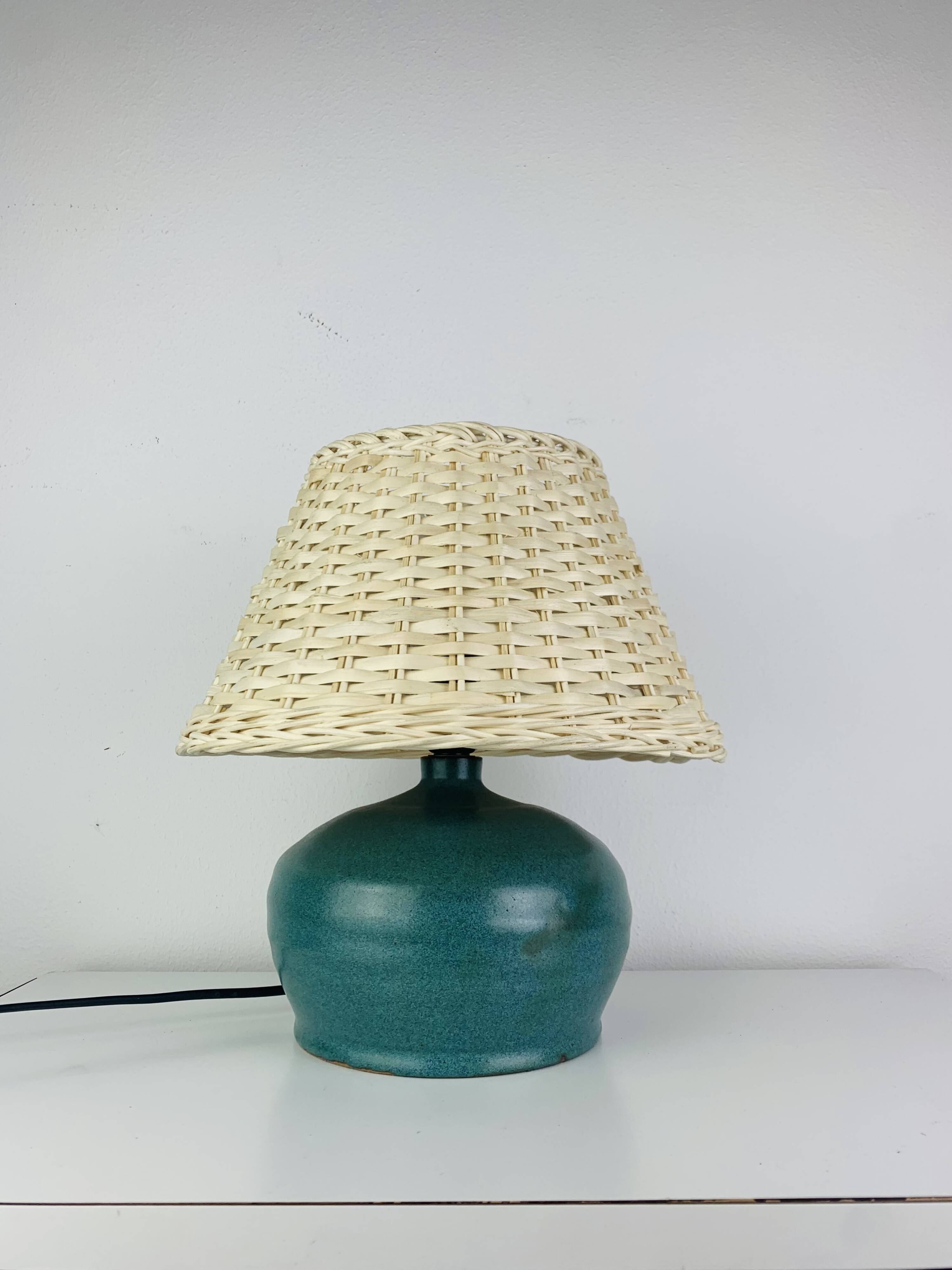 Ceramic green/blue globe lamp, rattan shade, vintage