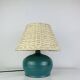 Ceramic green/blue globe lamp, rattan shade, vintage