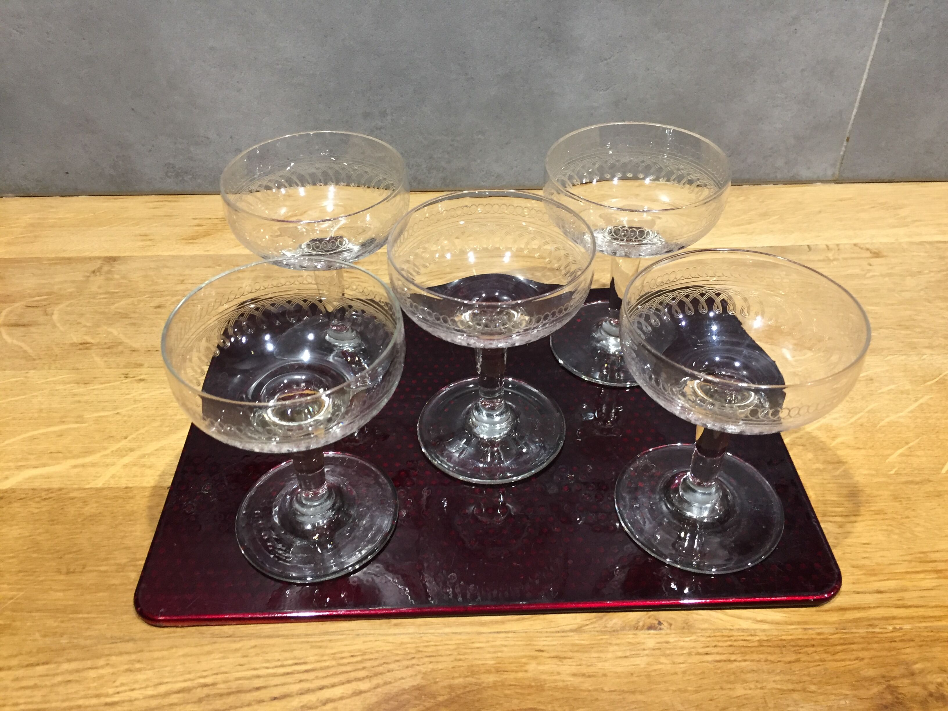 Series of 5 old and engraved champagne glasses
