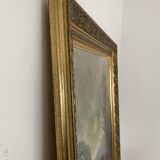 Old oil painting on canvas attributed to R. SCHWAB. Village vintage gilded wood frame 65 x 80 cm