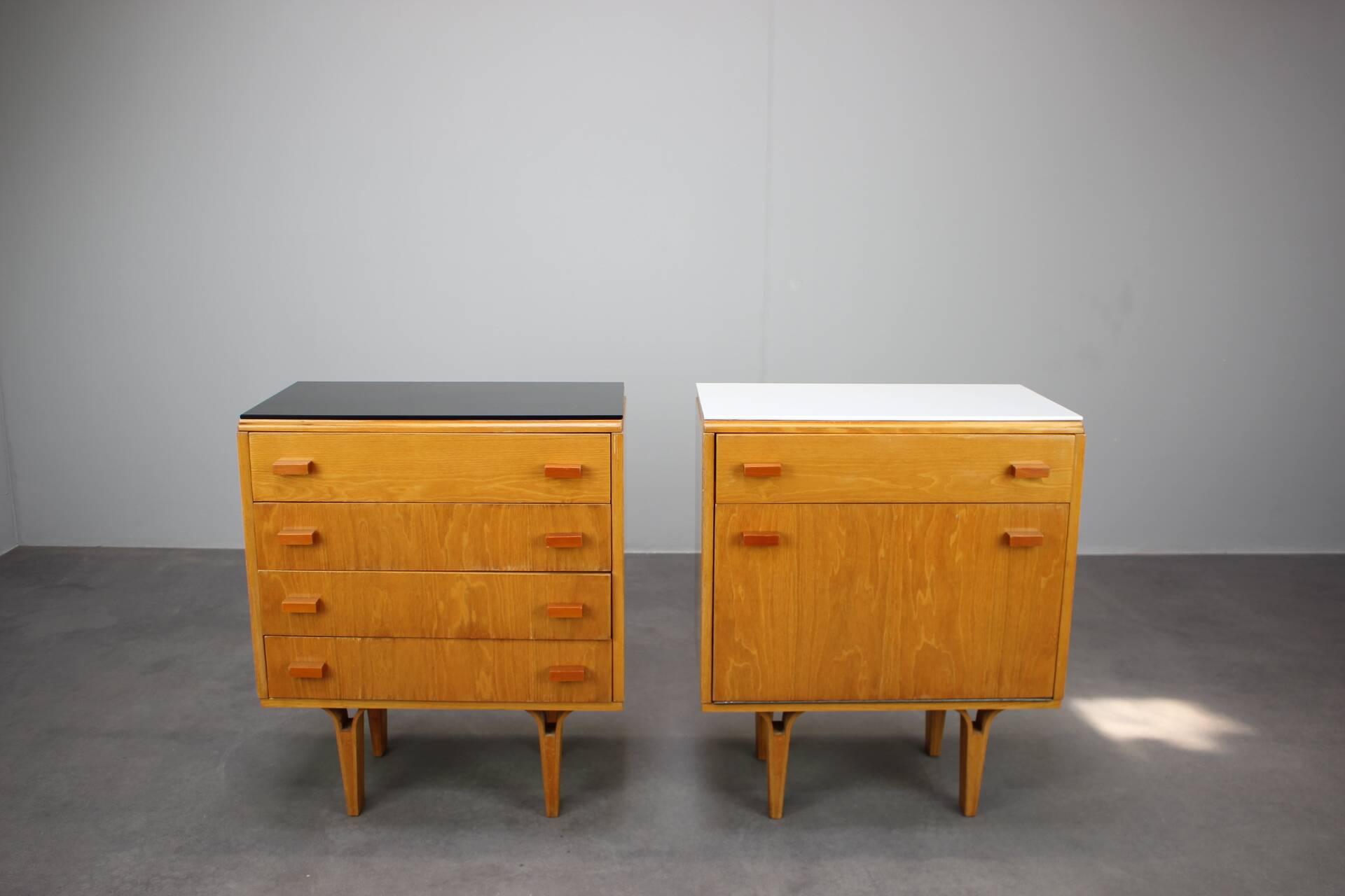 1960s František Mezulaník Mid-Century Maple Nightstands with Black and White Glass