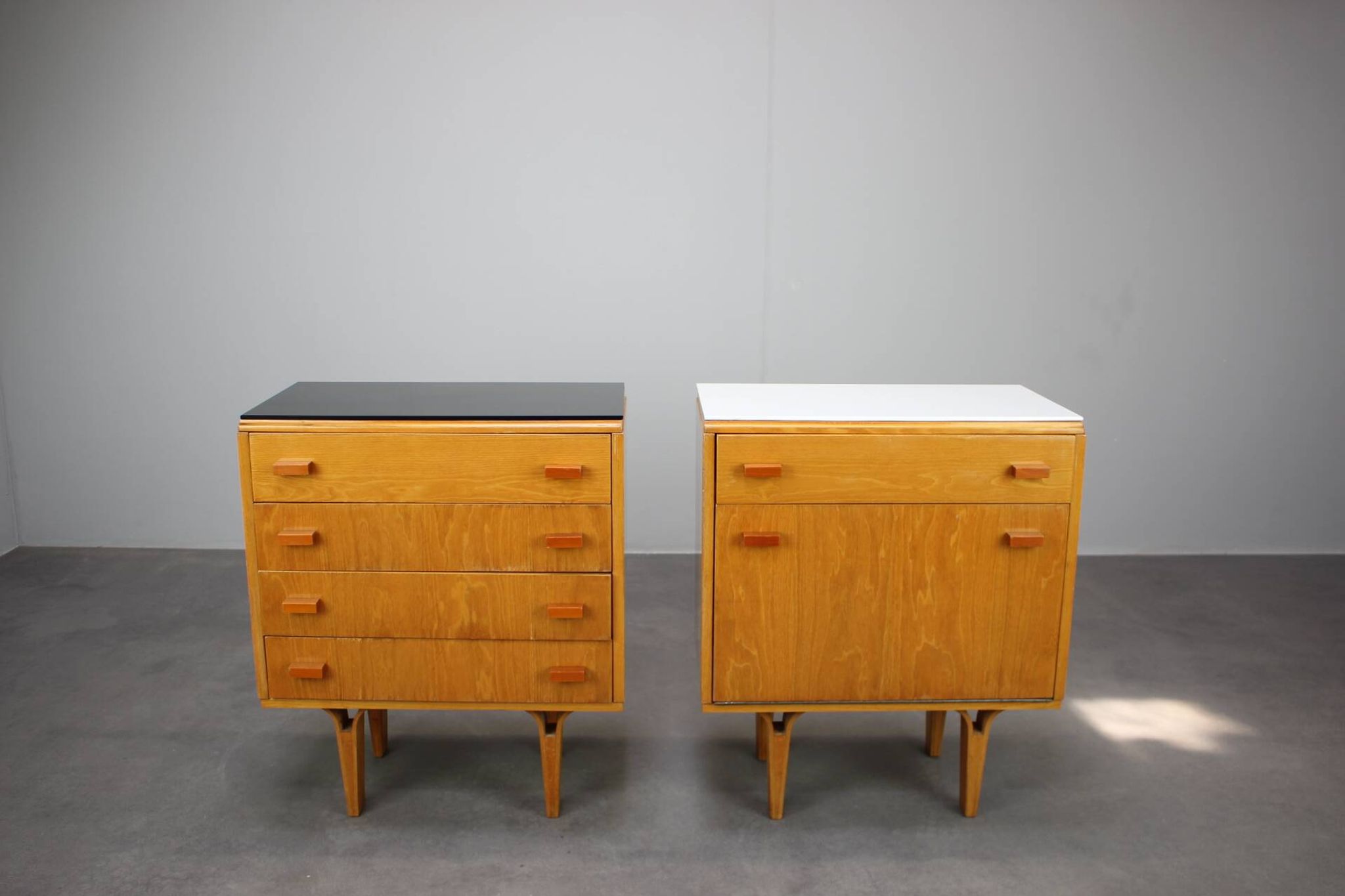 1960s František Mezulaník Mid-Century Maple Nightstands with Black and White Glass