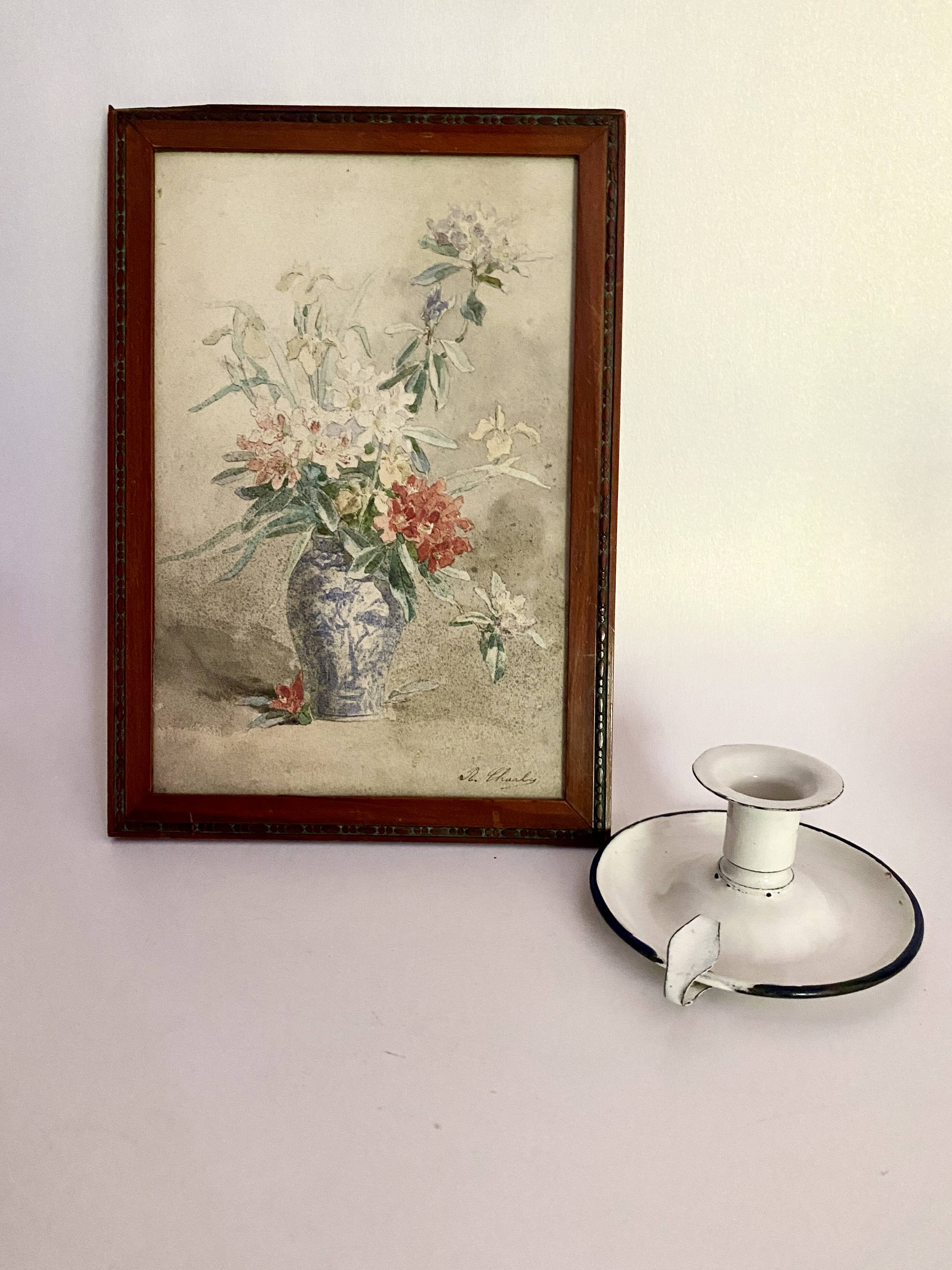 Aquarelle et cadre bois vernis 1900