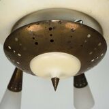 Large Italian Mid-Century Sputnik Brass Chandelier with Satin Glass, 1950s