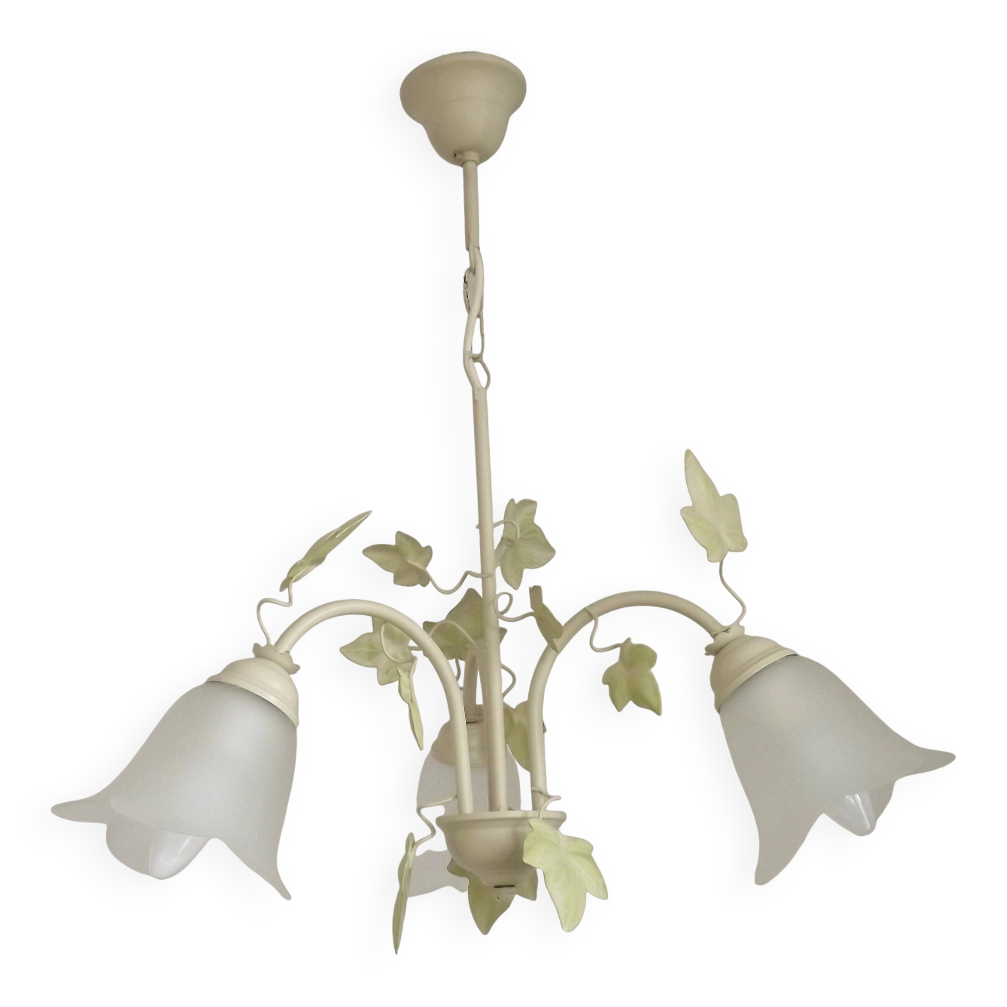 French Vintage 3 Light Green Ivy Chandelier with Opaque Glass Shades