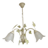 French Vintage 3 Light Green Ivy Chandelier with Opaque Glass Shades