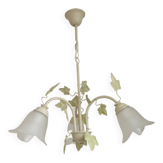 French Vintage 3 Light Green Ivy Chandelier with Opaque Glass Shades