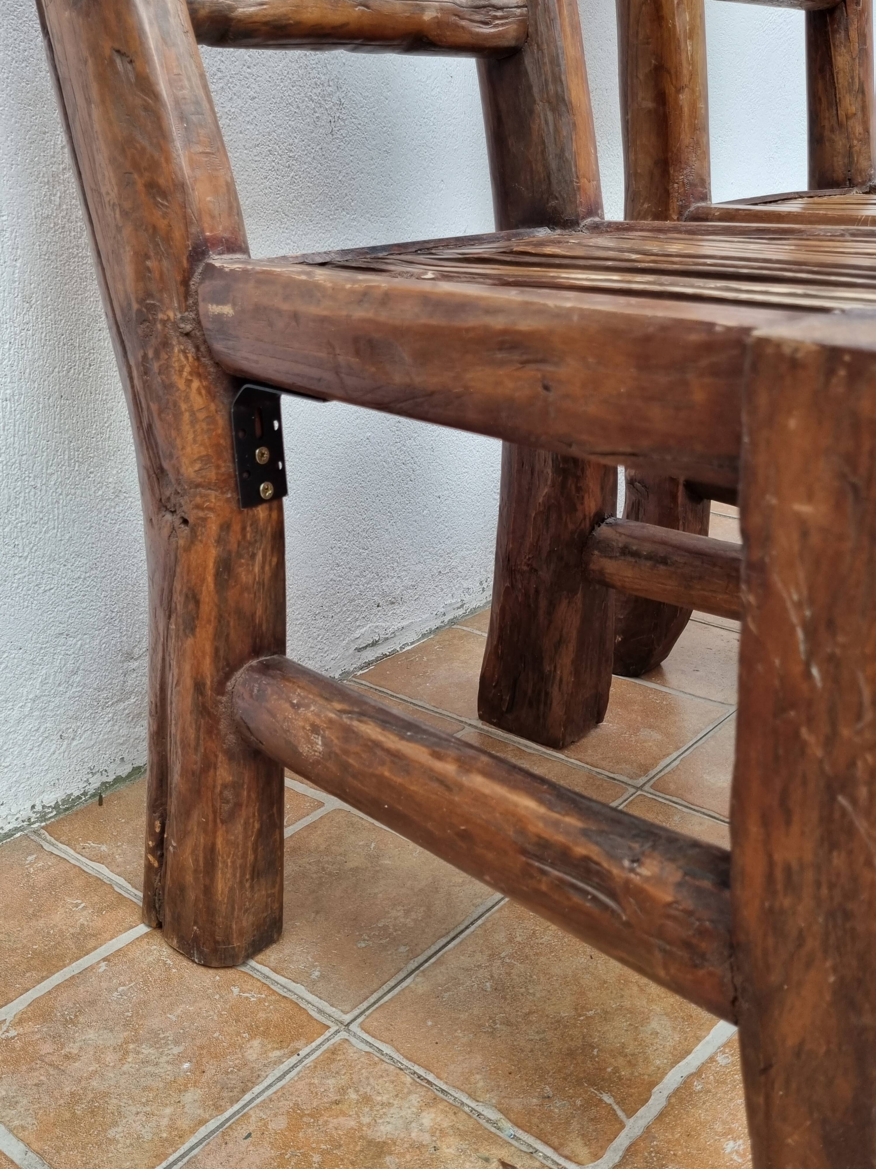 Pair of solid wood and bamboo chairs, brutalist style, 90 cm
