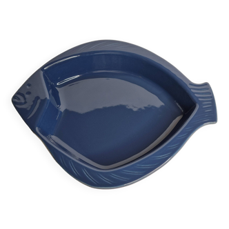 Blue ceramic serving dish in the shape of a fish signed Émile Henry