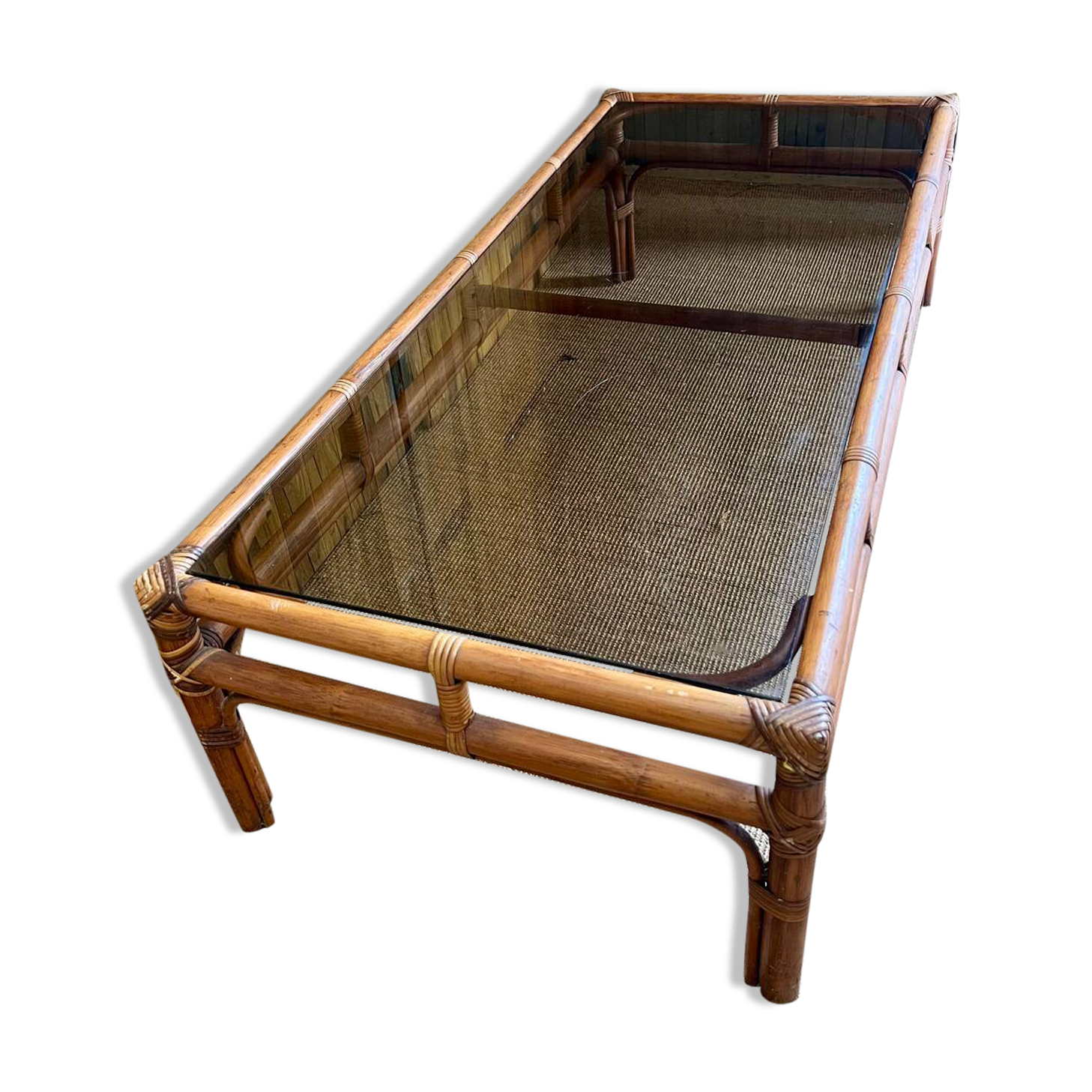 Large bamboo and smoked glass coffee table