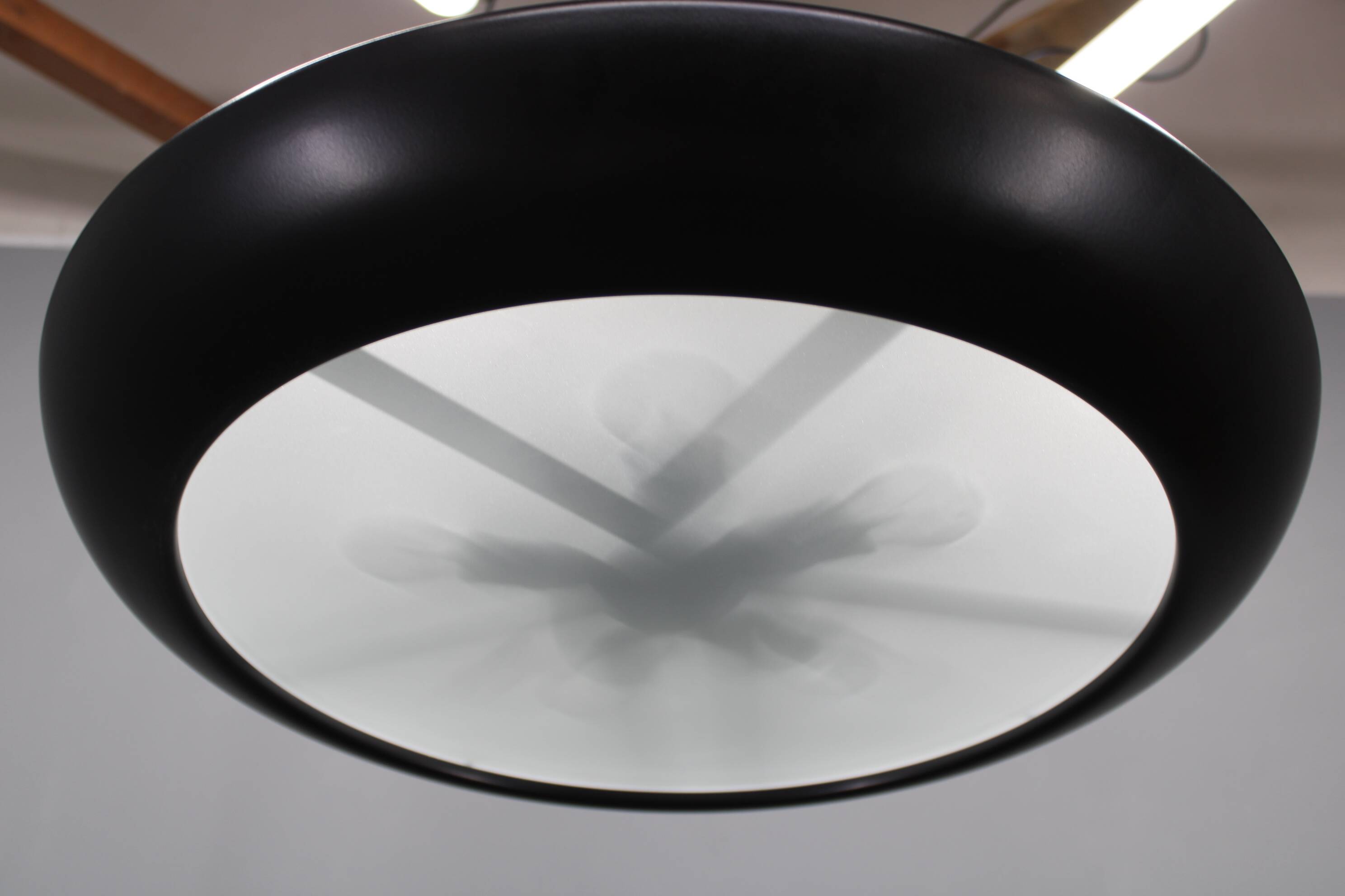 1940s Josef Hůrka for Napako Bauhaus UFO pendant light, metal & glass, restored